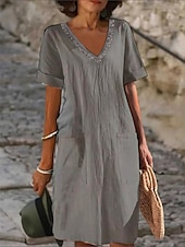 cheap Design Cotton &amp; Linen Dresses-Women&#039;s Black White Pink Summer Spring Midi Dress Linen-Inspired Dresses White Dress Casual Dress Classic Modern Casual Outdoor Vacation Daily Loose Fit Plain V Neck