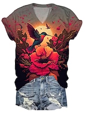 Women's T Shirt Basic Floral Print Short Sleeve Regular Tops V Neck Weekend Black Yellow Pink Red Orange Summer 10