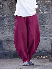 economico Pantaloni in lino e cotone semplici-Per donna Pantaloni in cotone e lino Chinos Pantaloni Semplice Casual Lunghezza intera Vita Alta Semplice Tasca Elastico in vita Baggy Comodità Traspirabilità Morbido Micro-elastico Vacanza