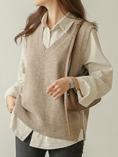 abordables Couleurs unies-Femme Pull Gilet mode Décontractées Flexible Couleur unie Maillard A côtes Col V énorme Sans Manches Tricoter du quotidien Sortie Fin de semaine Noir Bleu Roi Eté Automne