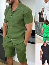 economico camicie casual da uomo-Per uomo 2 pezzi Completo di camicia Camicia estiva Camicia con bottoni Maglietta informale Camicia da spiaggia Nero Bianco Verde Verde militare Manica corta Liscio Collare da campo Giornaliero Da