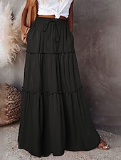 abordables Jupes unies-Femme Ample Jupe Maxi Taille haute Jupes Ruché A Volants Cordon Couleur Pleine Plein Air du quotidien Eté Polyester Coton et lin Mode Décontractées Violet Noir Jaune Rouge