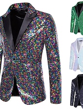 preiswerte Herrenblazer-Herren Blazer Sakko Leistung Party / Cocktail Für den Ballsaal Vintage 1980er Sommer Frühling Polyester Pailletten Feste Farbe Einreiher - 1 Knopf Blazer Silber Weiß Dunkelmarine Grün