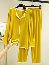 billiga Sovkläder till damer-pyjamas dam pyjamas topp och byxor set 2 stycken ren färg mode casual mjukt hem daglig säng modal andas lapel långärmad byxa sommar vår hem outfits