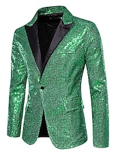 preiswerte Herrenblazer-Herren Blazer Sakko Leistung Party / Cocktail Für den Ballsaal Vintage 1980er Sommer Frühling Polyester Pailletten Feste Farbe Einreiher - 1 Knopf Blazer Silber Weiß Dunkelmarine Grün
