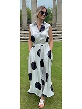ieftine Rochii Business-Pentru femei Rochie Maxi lungă Rochii Tip Cămașă Rochie din satin Epocă Vacanță Fit regulat Buline Fără manșon Guler Cămașă Negru Alb Trifoi Vară Primăvară