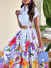cheap Vacation Dresses-Women&#039;s Shirt Dress Casual Dress Swing Dress Maxi long Dress Outdoor Daily Date Fashion Modern Shirt Collar Button Print Short Sleeve Summer Spring Loose Fit Floral
