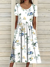 billiga Blommig klänning-Kvinnors Midiklänning Casual Klänning Blommönster Rynkad Print Crew Hals Grundläggande Casual Dagssemester Kort Ärmar Sommar Vår