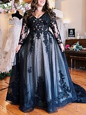 abordables NOIR-Robe de soirée en A robe noire mariage formel traîne courte sans manches décolleté en V réception de mariage d&#039;automne tulle avec fentes et appliques 2025