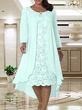 economico Con giacca-Abito da sposa A due pezzi A-Line in spiaggia madre della sposa invitata a un matrimonio elegante taglie forti scollo a gioiello lunghezza tè in chiffon pizzo manica corta giacca abiti con colore