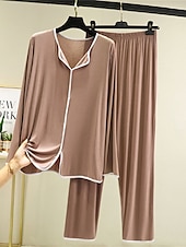 billiga Sovkläder till damer-pyjamas dam pyjamas topp och byxor set 2 stycken ren färg mode casual mjukt hem daglig säng modal andas lapel långärmad byxa sommar vår hem outfits