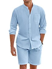 preiswerte Freizeithemden für Herren-Herren Hemd mit chinesischem Kragen Hemd mit Stehkragen Zweiteilig Hemd Set Sommerhemd Freizeithemd Rosa Blau Grün Beige Grau Langarm Einfach Großvaterkragen Stehkragen Urlaub Täglich Fronttasche