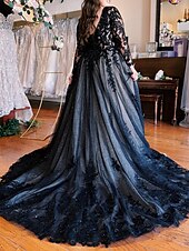 abordables NOIR-Robe de soirée en A robe noire mariage formel traîne courte sans manches décolleté en V réception de mariage d&#039;automne tulle avec fentes et appliques 2025