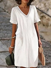 cheap Design Cotton &amp; Linen Dresses-Women&#039;s Black White Pink Summer Spring Midi Dress Linen-Inspired Dresses White Dress Casual Dress Classic Modern Casual Outdoor Vacation Daily Loose Fit Plain V Neck