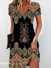 levne Boho šaty-Dámské Mini šaty Volnočasové šaty Letní šaty Šaty s potiskem Aktivní Módní Šik ven Venkovní Dovolená Denní Běžný Květinový Krátký rukáv Do V Černá Bílá Rubínově červená Bordó Léto Jaro