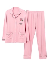 billiga Sovkläder till damer-pyjamas för kvinnor pyjamastopp och byxuppsättningar bokstavsblomma tights / leggings avslappnad komfort hem daglig säng bomull andas lapel långärmad skjorta byxknappficka sommar höst hem kläder
