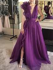 preiswerte lila-Strandhochzeit A-Linie Weihnachtskleid Abendkleid Promi-Stil Kleid Rot Grün Kleid Formeller Hochzeitsgast bodenlang ärmellos V-Ausschnitt Chiffon mit Schlitz reine Farbe Kleid Maskerade Kleid 2025