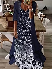 preiswerte Kleidersets-Damen Casual kleid Kleid-Set Zweiteiliges Kleid kleid lang Purpur Braun Grün Halbe Ärmel Blume Bedruckt Sommer Frühling V Ausschnitt Modisch Urlaub 2023 S M L XL XXL 3XL