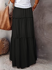 abordables Jupes unies-Femme Ample Jupe Maxi Taille haute Jupes Ruché A Volants Cordon Couleur Pleine Plein Air du quotidien Eté Polyester Coton et lin Mode Décontractées Violet Noir Jaune Rouge