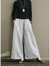 お買い得  ワイドレッグ＆ハイウエスト-女性用 ワイドレッグ チノパン パンツ ヴィンテージ ファッション ライトウェイト 全長 ミディアムウエスト ストライプ ポケット 弾性ウエスト バギー 通気性 快適 マイクロエラスティック バケーション カジュアル 日常 ブラック ホワイト ピンク パープル 夏 秋
