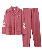 billiga Sovkläder till damer-pyjamas för kvinnor pyjamastopp och byxuppsättningar bokstavsblomma tights / leggings avslappnad komfort hem daglig säng bomull andas lapel långärmad skjorta byxknappficka sommar höst hem kläder