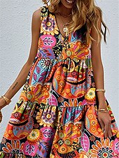 halpa Boho-mekot-Naisten Maksimekko Kellomekko Toppimekko Kesämekko Boho-mekko Muoti Katutyyli Viidakko ulko- Loma Katu Loose Fit Kukka Paisley-kuvio Hihaton V kaula-aukko Oranssi Kesä Kevät