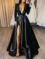 abordables NOIR-Robe de soirée en A robe scintillante et brillante invitée formelle au mariage traîne courte demi-manches décolleté en V satin avec fente à sequins robe de masque 2025