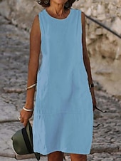 cheap Dresses-Women&#039;s Light Blue Black White Summer Spring Midi Dress White Dress Cotton Linen Dresses Sundress Classic Casual Vacation Daily Loose Fit Plain U Neck