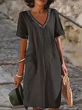 cheap Design Cotton &amp; Linen Dresses-Women&#039;s Black White Pink Summer Spring Midi Dress Linen-Inspired Dresses White Dress Casual Dress Classic Modern Casual Outdoor Vacation Daily Loose Fit Plain V Neck
