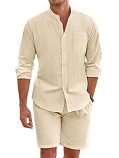 preiswerte Freizeithemden für Herren-Herren Hemd mit chinesischem Kragen Hemd mit Stehkragen Zweiteilig Hemd Set Sommerhemd Freizeithemd Rosa Blau Grün Beige Grau Langarm Einfach Großvaterkragen Stehkragen Urlaub Täglich Fronttasche