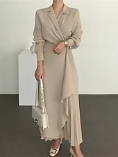 olcso Munkaruhák-Női hétköznapi ruha Maxi hosszú ruha Pliszé Napi Elegáns Divat Állógallér Hosszú ujj Fekete Barna Sárgabarack Szín