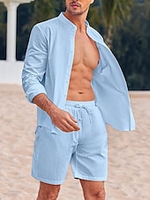 preiswerte Freizeithemden für Herren-Herren Hemd mit chinesischem Kragen Hemd mit Stehkragen Zweiteilig Hemd Set Sommerhemd Freizeithemd Rosa Blau Grün Beige Grau Langarm Einfach Großvaterkragen Stehkragen Urlaub Täglich Fronttasche