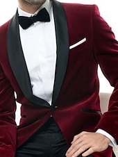 economico Blazer e Giacca-Giacca blazer da uomo in velluto per feste casual taglio regolare a tinta unita monopetto a un bottone borgogna