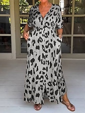 preiswerte abendkleider-Damen Leoparden-Taschendruck V-Ausschnitt Maxi langes Kleid Urlaub Kurzarm Sommer Frühling
