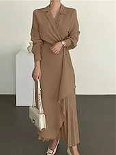 olcso Munkaruhák-Női hétköznapi ruha Maxi hosszú ruha Pliszé Napi Elegáns Divat Állógallér Hosszú ujj Fekete Barna Sárgabarack Szín