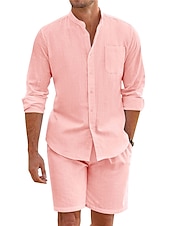 preiswerte Freizeithemden für Herren-Herren Hemd mit chinesischem Kragen Hemd mit Stehkragen Zweiteilig Hemd Set Sommerhemd Freizeithemd Rosa Blau Grün Beige Grau Langarm Einfach Großvaterkragen Stehkragen Urlaub Täglich Fronttasche