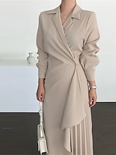 olcso Munkaruhák-Női hétköznapi ruha Maxi hosszú ruha Pliszé Napi Elegáns Divat Állógallér Hosszú ujj Fekete Barna Sárgabarack Szín