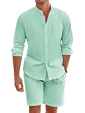 preiswerte Freizeithemden für Herren-Herren Hemd mit chinesischem Kragen Hemd mit Stehkragen Zweiteilig Hemd Set Sommerhemd Freizeithemd Rosa Blau Grün Beige Grau Langarm Einfach Großvaterkragen Stehkragen Urlaub Täglich Fronttasche