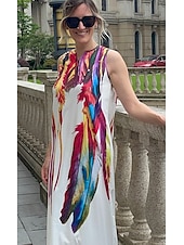 ieftine Rochie Artă și Design-Rochie maxi pentru femei Rochie casual Rochie imprimată Casual Înafară Vacanță Holiday Ajustare regulară Pene Fără mâneci Gât în V Alb Albastru Albastru închis Bej Vară Primăvară