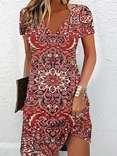 levne Boho šaty-Dámské Mini šaty Volnočasové šaty Letní šaty Šaty s potiskem Aktivní Módní Šik ven Venkovní Dovolená Denní Běžný Květinový Krátký rukáv Do V Černá Bílá Rubínově červená Bordó Léto Jaro