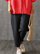 preiswerte Schlichte Hose aus Baumwollleinen-Damen Hose aus Baumwollleinen Hosen Hose Baggy-Hosen Mode Streetwear Volle Länge Mittlere Taille Einfach Tasche Elastischer Bund Baggy Atmungsaktivität Weich Außenbereich Mikroelastisch Urlaub