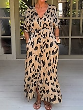preiswerte abendkleider-Damen Leoparden-Taschendruck V-Ausschnitt Maxi langes Kleid Urlaub Kurzarm Sommer Frühling