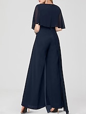 baratos Macacões da mamãe-Jumpsuits para Convidadas de Casamento Elegantes Formais Comprimento Longo Mangas Curtas Decote Joaninha Chiffon com Franjas 2025 tamanho personalizado gratuito