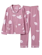 billiga Sovkläder till damer-pyjamas för kvinnor pyjamastopp och byxuppsättningar bokstavsblomma tights / leggings avslappnad komfort hem daglig säng bomull andas lapel långärmad skjorta byxknappficka sommar höst hem kläder