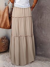abordables Jupes unies-Femme Ample Jupe Maxi Taille haute Jupes Ruché A Volants Cordon Couleur Pleine Plein Air du quotidien Eté Polyester Coton et lin Mode Décontractées Violet Noir Jaune Rouge