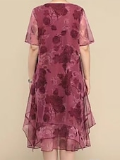 cheap Plus Size Collection-Women&#039;s Plus Size Party Dress Cocktail Dress Wedding Guest Dress Chiffon Mesh Layered Crew Neck Short Sleeve Floral Midi Dress Wedding Guest Cocktail Party Wine Blue Summer Spring