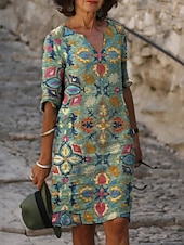 abordables Robe Fleurie-Femmes Robe Midi Robe fourreau Robe d&#039;été Robe Imprimée Actif Mode Streetwear Extérieur Quotidien Date Coupe régulière Graphique Demi Manches Col fendu Vert Été Printemps
