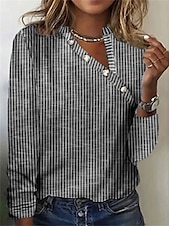 voordelige Stripe &amp; Geometrische t-shirt-Dames T-shirt Gestreept Elegant Modieus Dagelijks Lange mouw V-hals Normale tops Dagelijks Weekend Afdrukken Zwart Blozend Roze blauw Oranje Groen Herfst winter