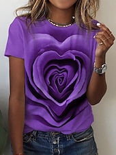 economico T-shirt floreale-Maglietta a Rosa per Donne di San Valentino Maglie Base a Maniche Corte Collo Rotondo Stampa Regolare Adatta Fine Settimana Rosa Blu Viola Verde