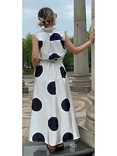 ieftine Rochii Business-Pentru femei Rochie Maxi lungă Rochii Tip Cămașă Rochie din satin Epocă Vacanță Fit regulat Buline Fără manșon Guler Cămașă Negru Alb Trifoi Vară Primăvară